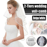 Bridal 2 Layer Wedding Veil with Comb Satin Edge Short Tulle for Women White Ivory - Beige