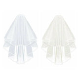 Bridal 2 Layer Wedding Veil with Comb Satin Edge Short Tulle for Women White Ivory - Beige - Side View