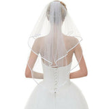 Bridal 2 Layer Wedding Veil with Comb Satin Edge Short Tulle for Women White Ivory - Beige - 45-Degree Angle
