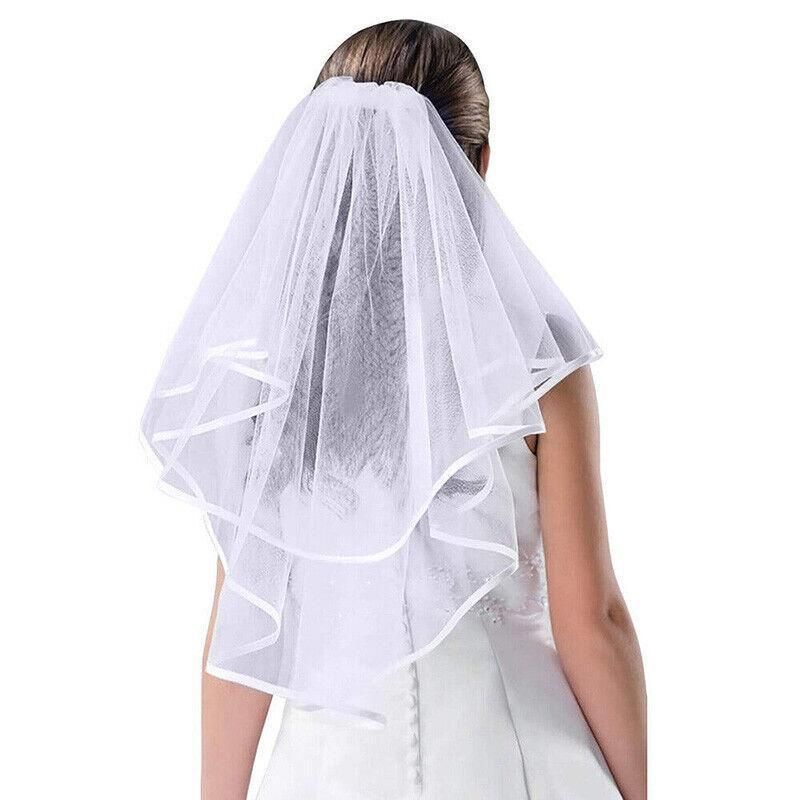 Bridal 2 Layer Wedding Veil with Comb Satin Edge Short Tulle for Women White Ivory - Beige