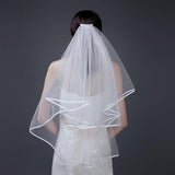 Bridal 2 Layer Wedding Veil with Comb Satin Edge Short Tulle for Women White Ivory - White - Top-Down View