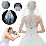 Bridal 2 Layer Wedding Veil with Comb Satin Edge Short Tulle for Women White Ivory - White