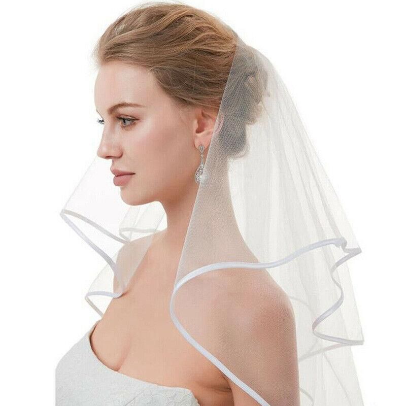 Bridal 2 Layer Wedding Veil with Comb Satin Edge Short Tulle for Women White Ivory - White