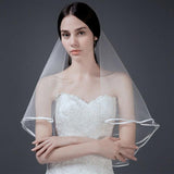 Bridal 2 Layer Wedding Veil with Comb Satin Edge Short Tulle for Women White Ivory - White - Extra Image
