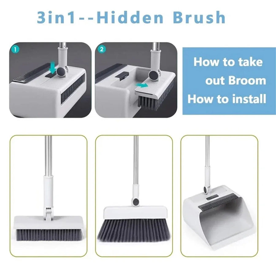 3 in1 Broom Set for Winnowing Brushing Handheld Cleaning Tool Home Kitchen Floor - Grey, image 6