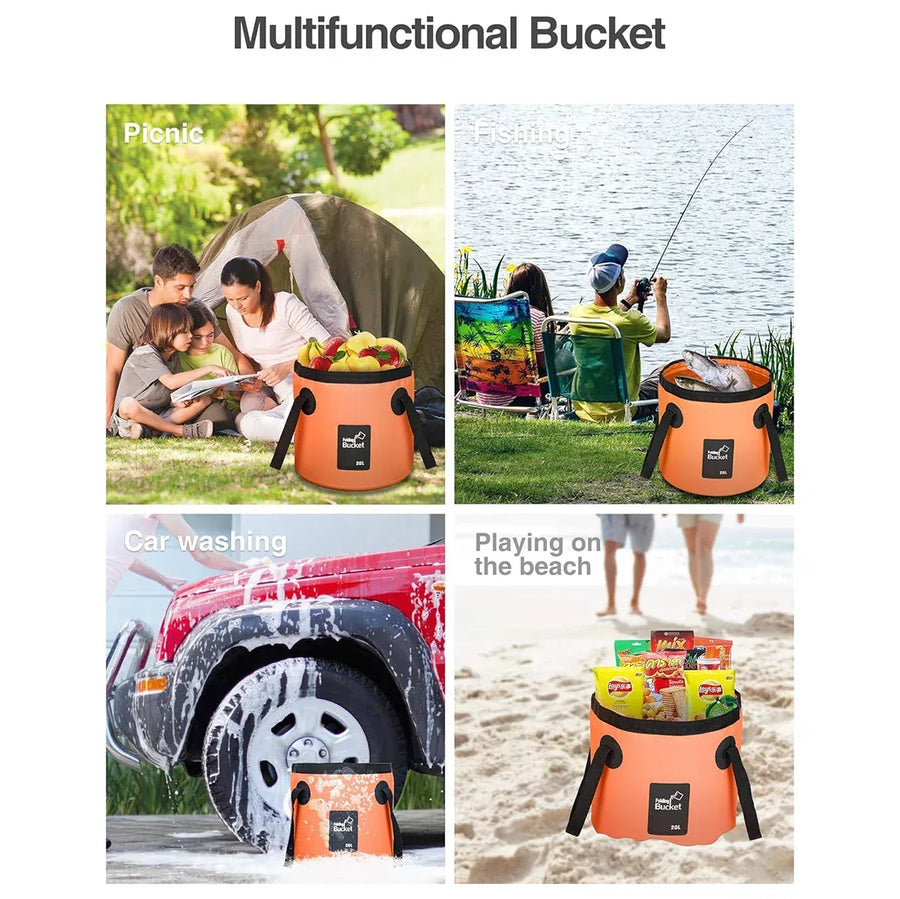 20L Portable Folding Bucket Water Container Camping Hiking Fishing Water Storage - Black