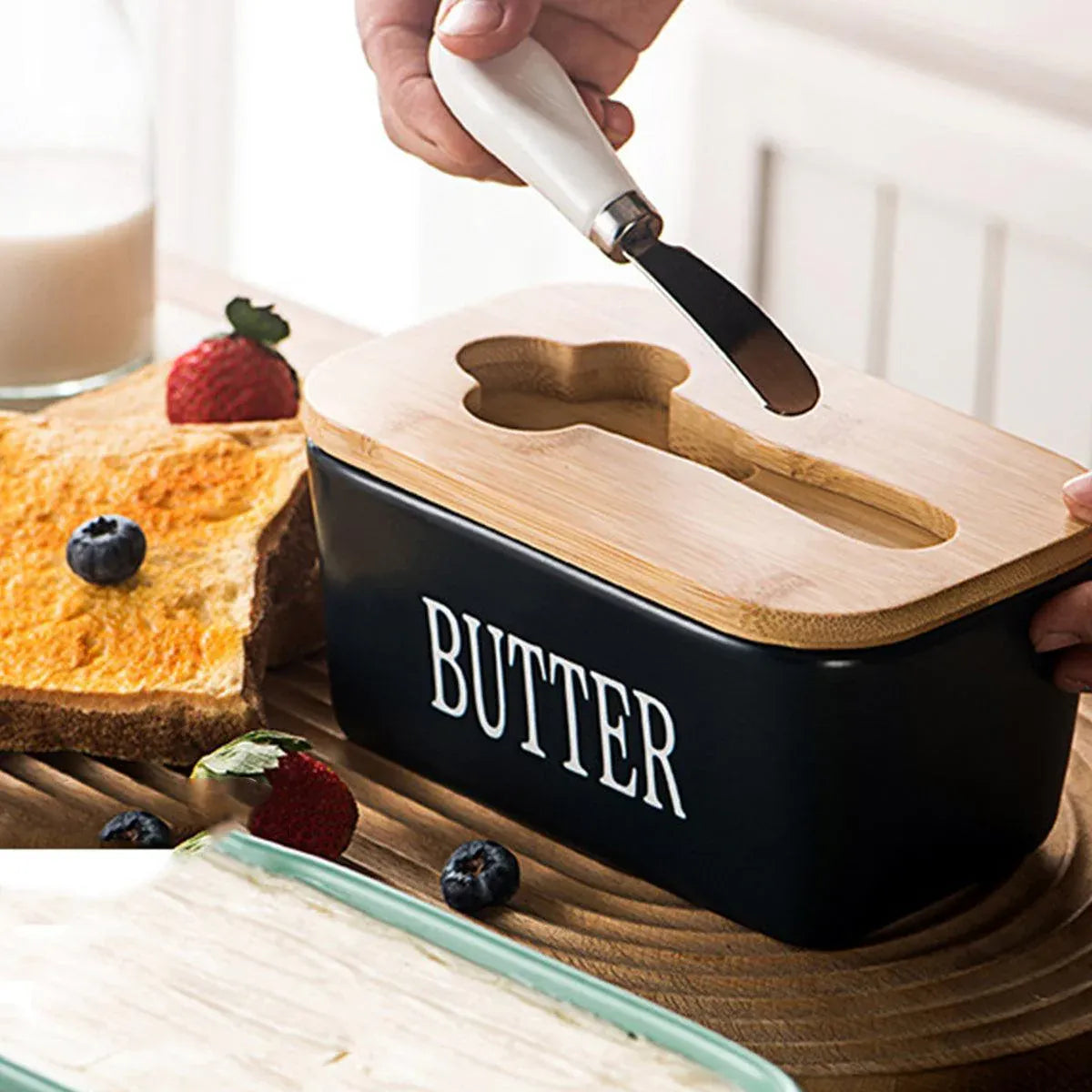 Butter Box with Knife Rectangular Cheese Container with Wooden Lid for Kitchen - Black