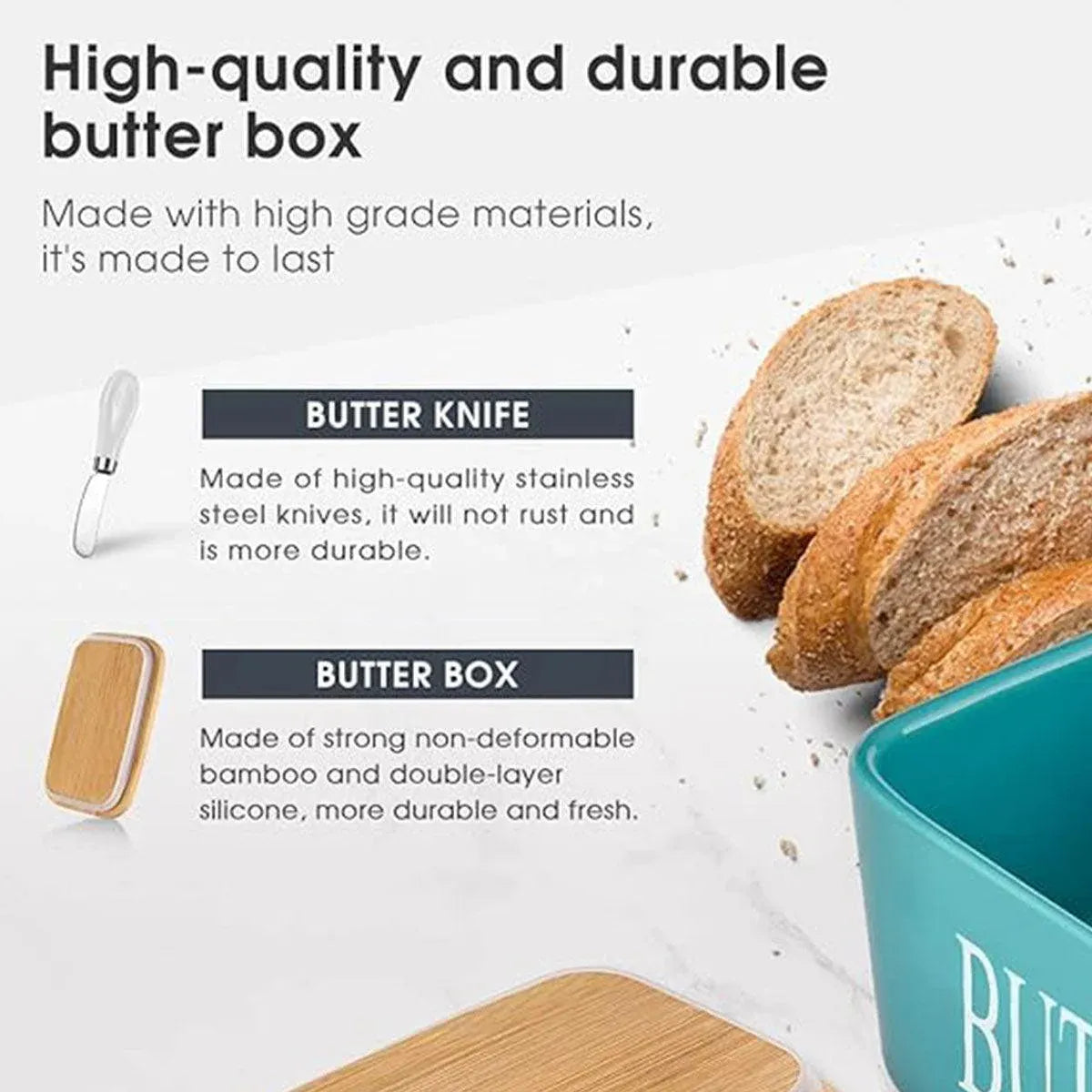 Butter Box with Knife Rectangular Cheese Container with Wooden Lid for Kitchen - Black