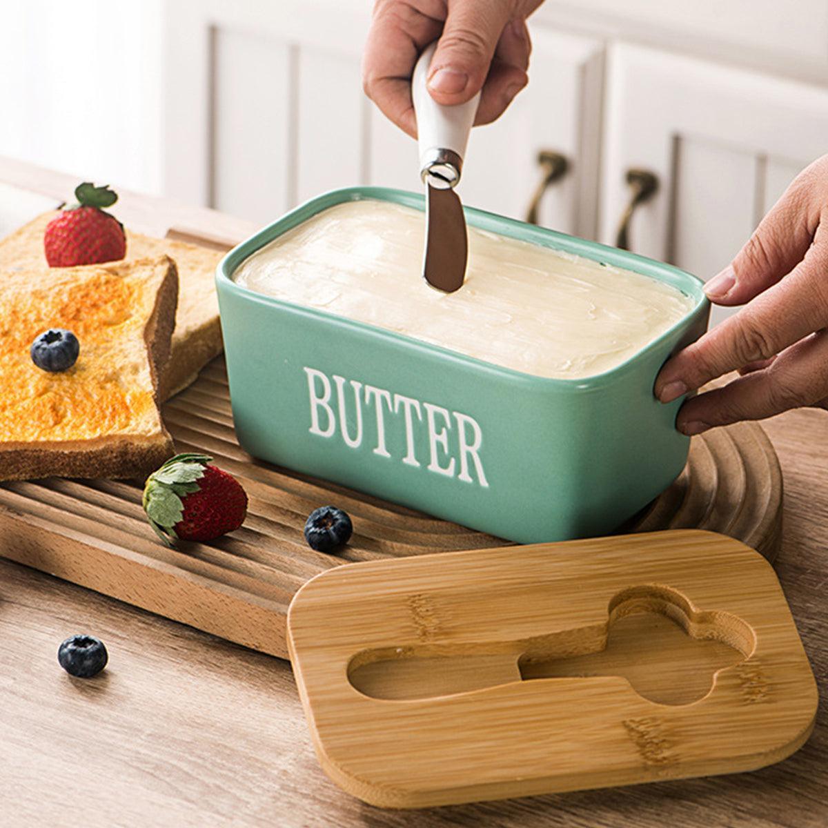 Butter Box with Knife Rectangular Cheese Container with Wooden Lid for Kitchen - Black