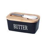 Butter Box with Knife Rectangular Cheese Container with Wooden Lid for Kitchen - Black - Close-Up Angle