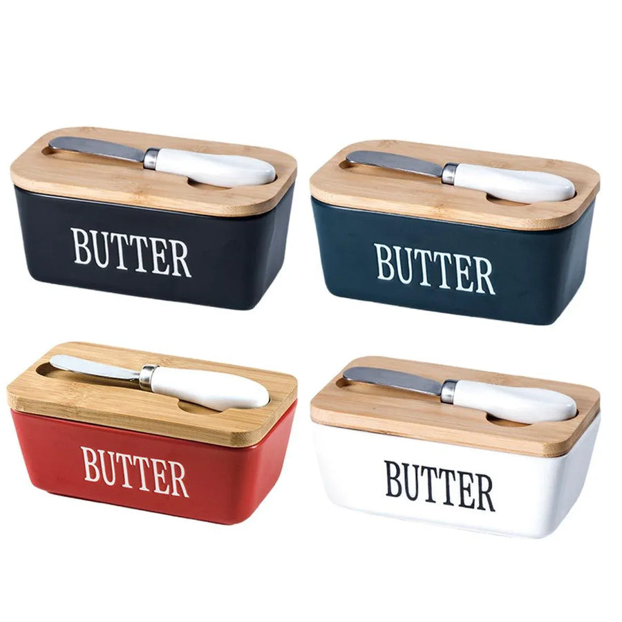 Butter Box with Knife Rectangular Cheese Container with Wooden Lid for Kitchen - Green