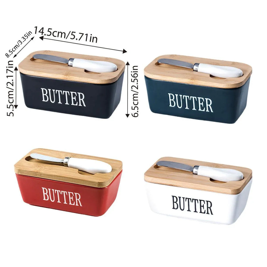 Butter Box with Knife Rectangular Cheese Container with Wooden Lid for Kitchen - Green