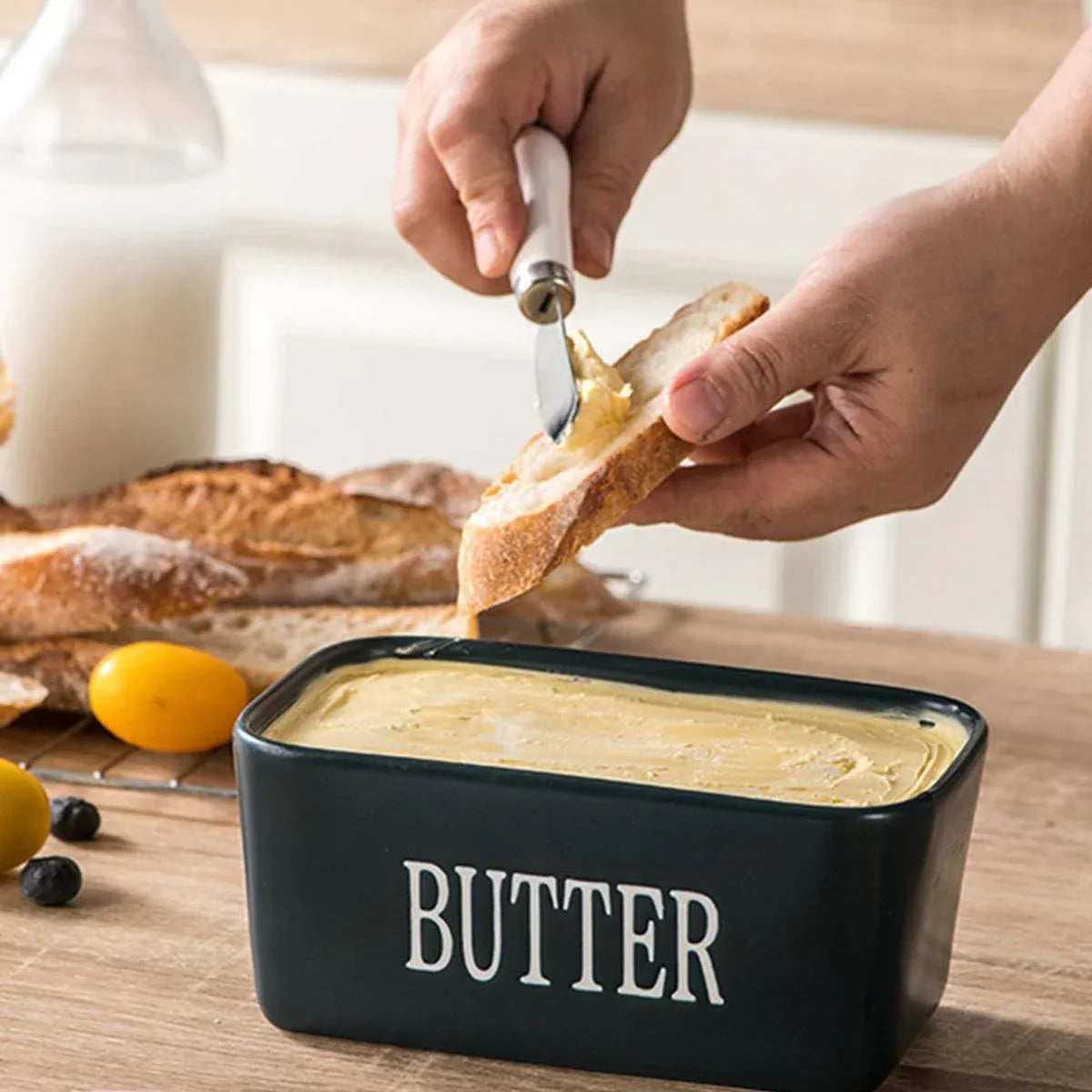 Butter Box with Knife Rectangular Cheese Container with Wooden Lid for Kitchen - Green