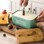Butter Box with Knife Rectangular Cheese Container with Wooden Lid for Kitchen - Green
