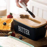 Butter Box with Knife Rectangular Cheese Container with Wooden Lid for Kitchen - Green - Close-Up Angle