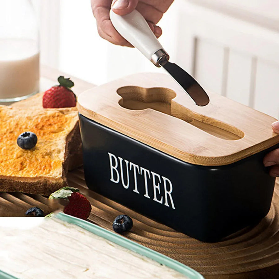 Butter Box with Knife Rectangular Cheese Container with Wooden Lid for Kitchen - Green