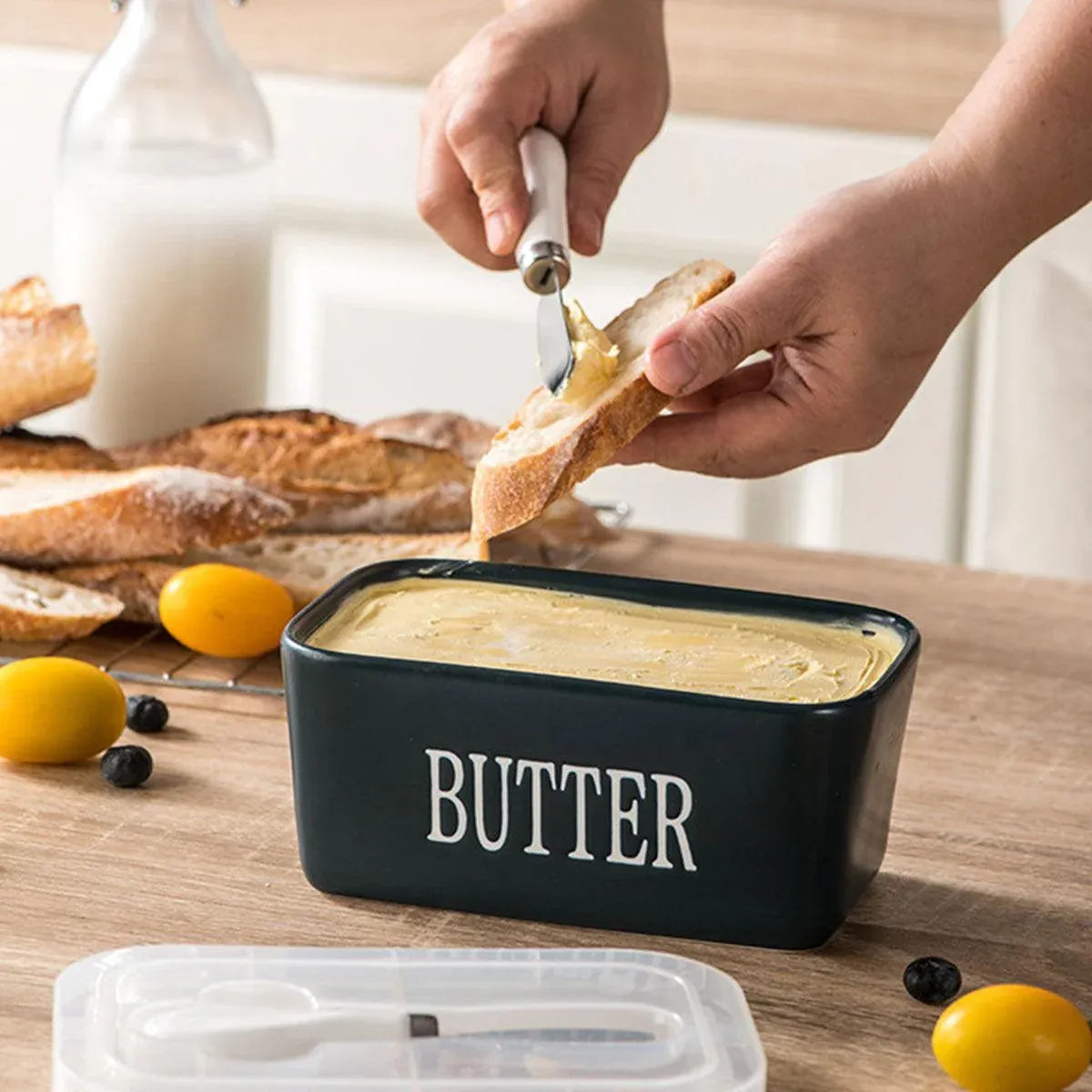 Butter Box with Knife Rectangular Cheese Container with Wooden Lid for Kitchen - Green