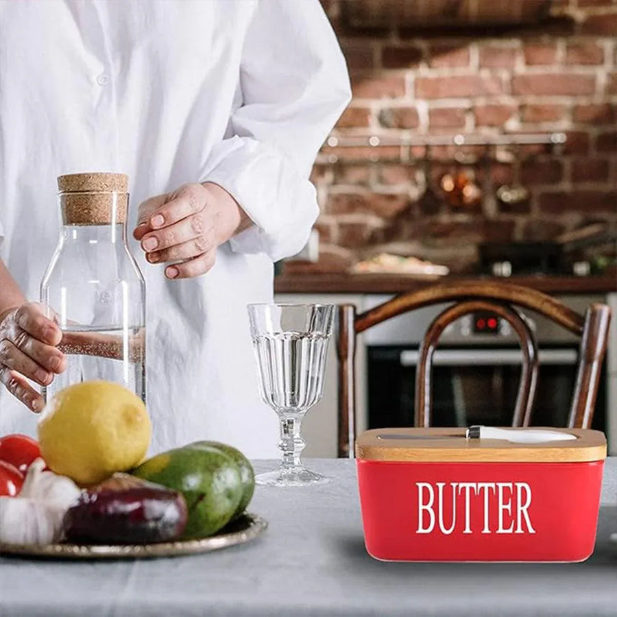 Butter Box with Knife Rectangular Cheese Container with Wooden Lid for Kitchen - Green