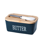 Butter Box with Knife Rectangular Cheese Container with Wooden Lid for Kitchen - Green - Low Angle
