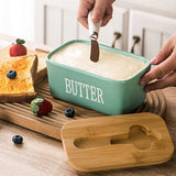 Butter Box with Knife Rectangular Cheese Container with Wooden Lid for Kitchen - Red - Rear View