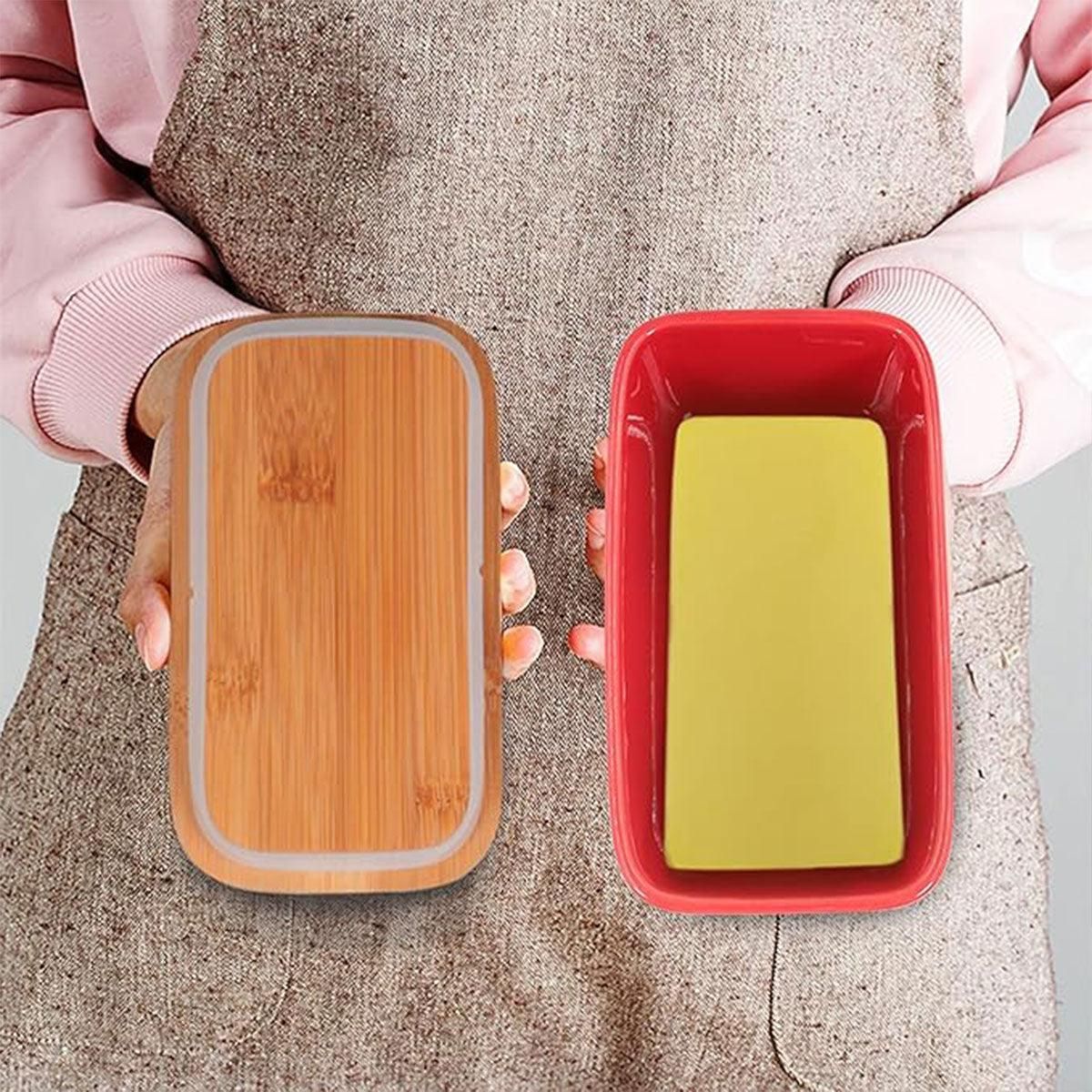 Butter Box with Knife Rectangular Cheese Container with Wooden Lid for Kitchen - Red