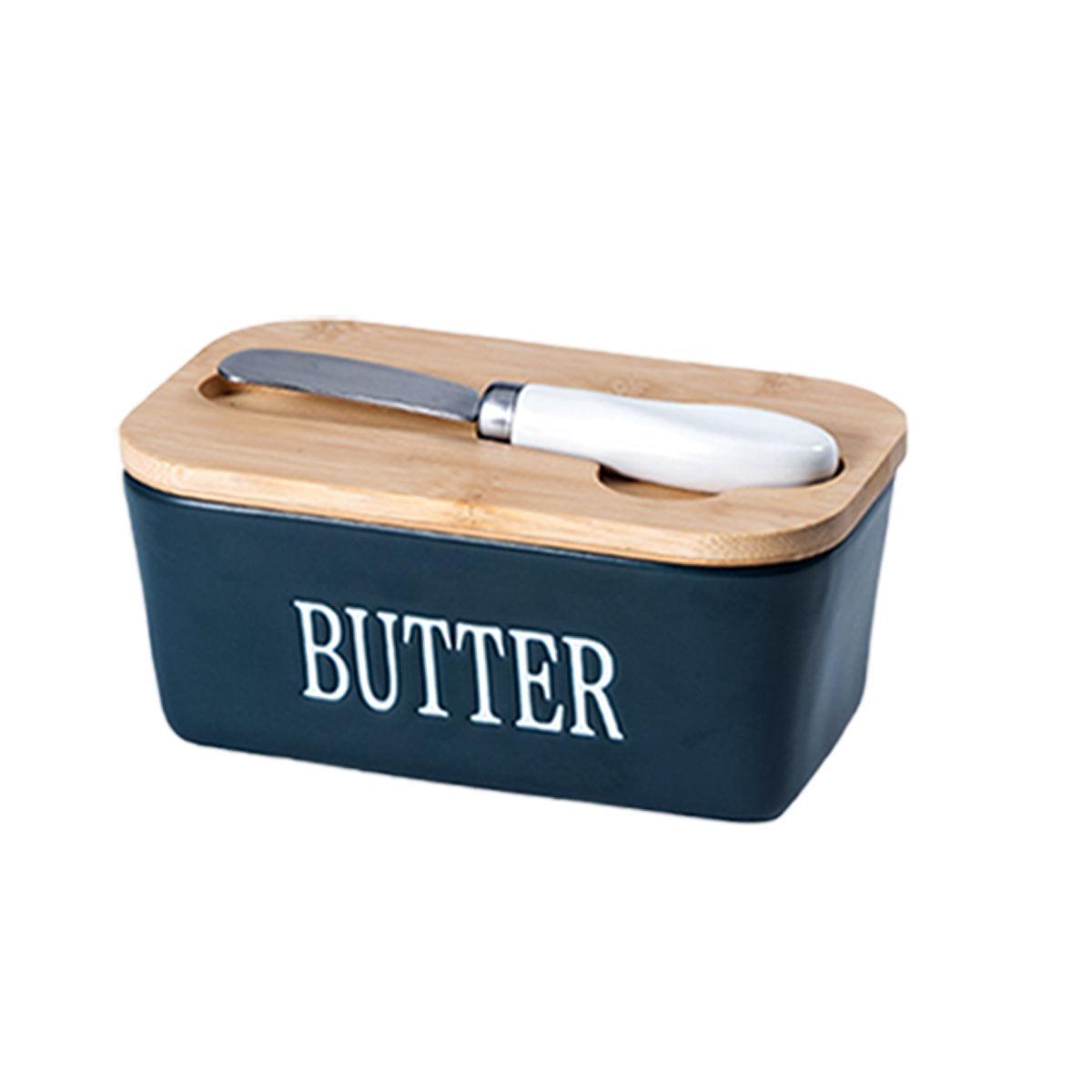 Butter Box with Knife Rectangular Cheese Container with Wooden Lid for Kitchen - Red