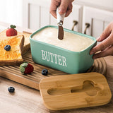 Butter Box with Knife Rectangular Cheese Container with Wooden Lid for Kitchen - Blue - 45-Degree Angle