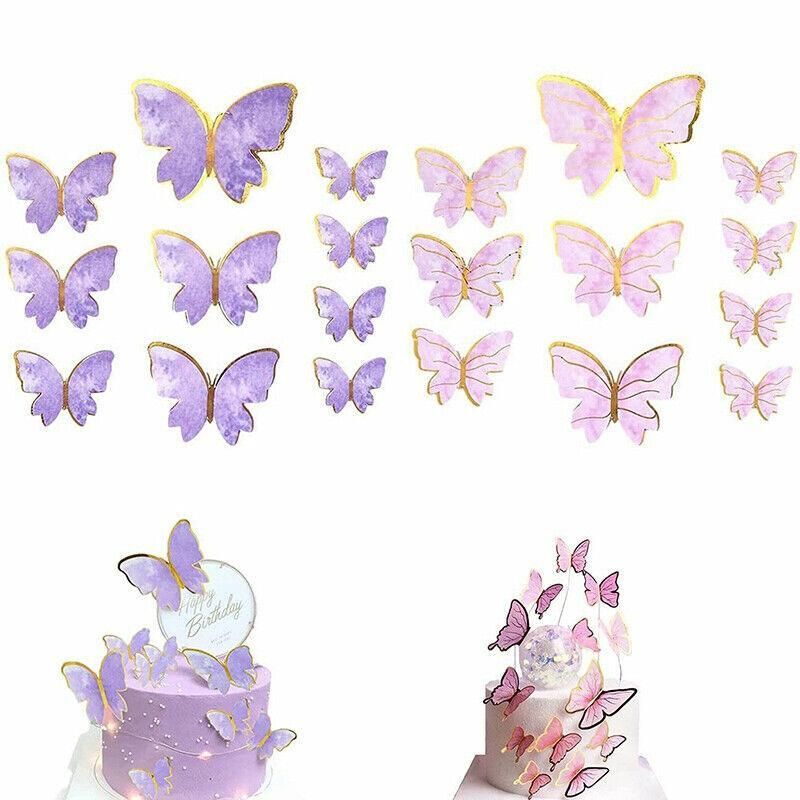 10Pcs Butterfly Paper Toppers Happy Birthday Cake & Festival Theme Decor - Purple Stripe
