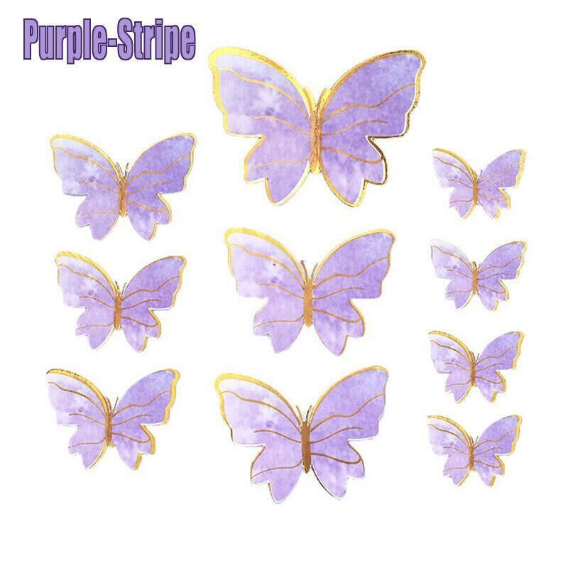 10Pcs Butterfly Paper Toppers Happy Birthday Cake & Festival Theme Decor - Purple Stripe