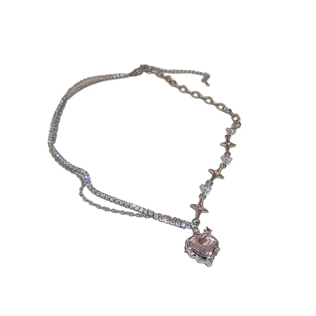 Fashion Creative Steel Heart Pendant Necklace Clavicle Chain Women Jewelry Gift - Pink