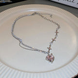 Fashion Creative Steel Heart Pendant Necklace Clavicle Chain Women Jewelry Gift - Pink