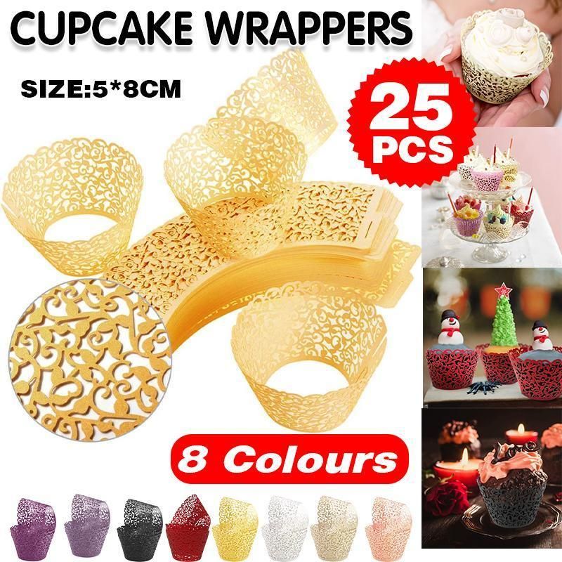 25pcs Laser Cut Cupcake Wrappers Wedding Party Baking Decorations in 8 Colours - Black