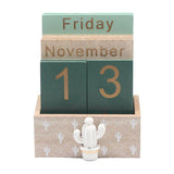 Rustic Wooden Perpetual Desk Calendar DIY Block Calendar Office Desktop Decor - Cactus - Close-Up Angle