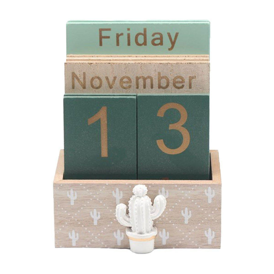 Rustic Wooden Perpetual Desk Calendar DIY Block Calendar Office Desktop Decor - Cactus