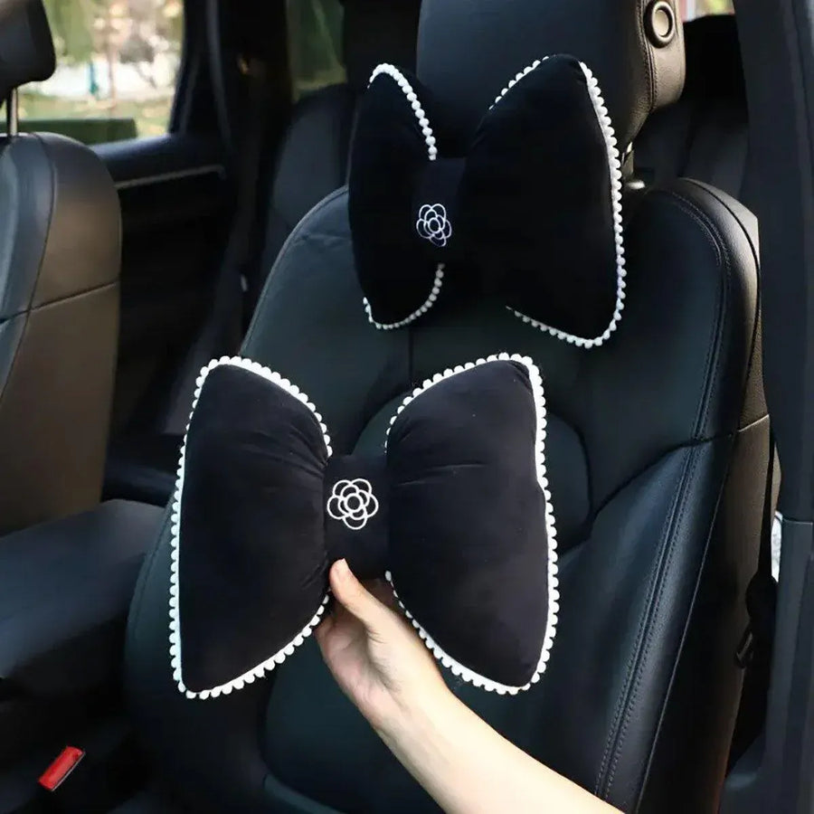 Black Bowknot Neck Pillow Plush Bow Tie Soft Plush Car Headrest Waist Support - Headrest