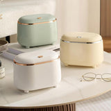 Small Desktop Trash Can Oval Pop Up Lid Rubbish Bin Waste Organizer Container - Beige - Top-Down View