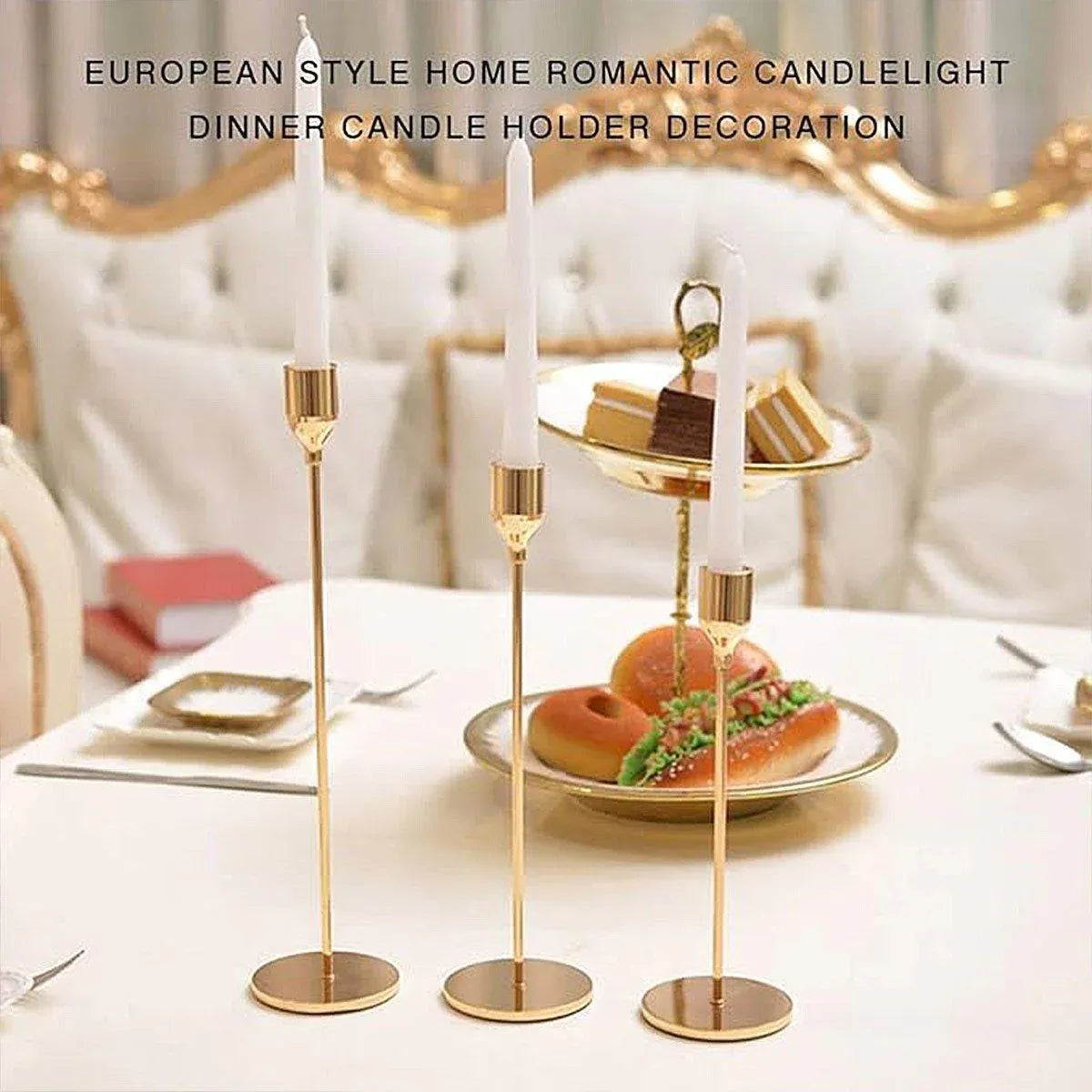 Set of 3 Decorative Candlestick Holder Candle Stand for Wedding / Dinner / Party - French Gold