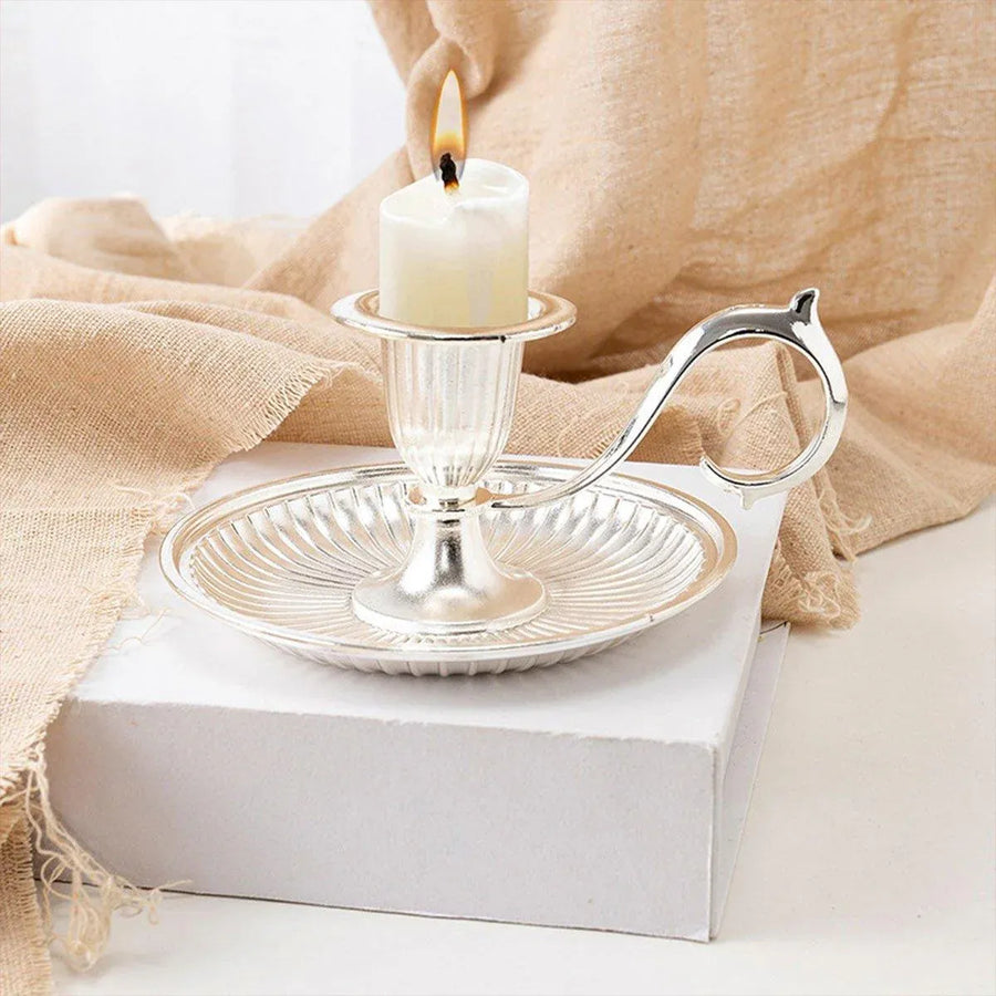 Retro Handheld Candlestick Holder European Style Candle Stand Metal Candlestick - Silver