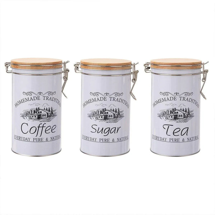 3PCS White Tinplate Coffee Tea Sugar Storage Jar Set Sealed Kitchen Counter
