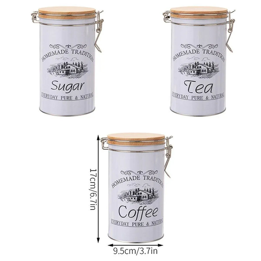 3PCS White Tinplate Coffee Tea Sugar Storage Jar Set Sealed Kitchen Counter