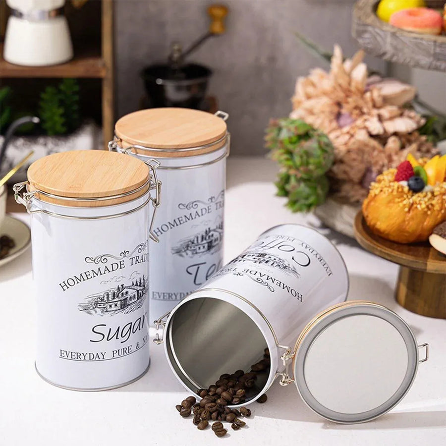 3PCS White Tinplate Coffee Tea Sugar Storage Jar Set Sealed Kitchen Counter