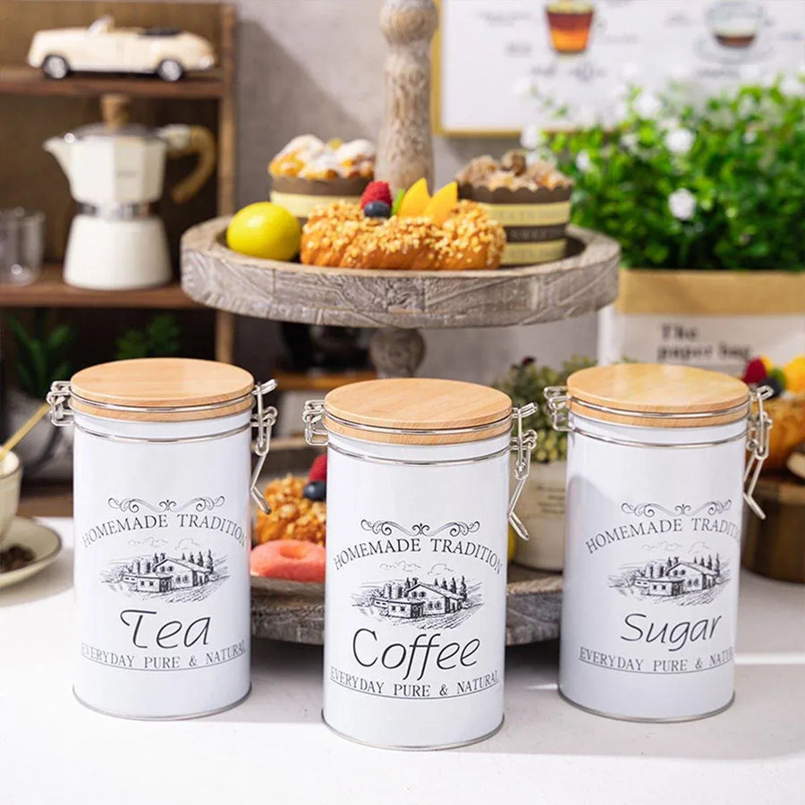 3PCS White Tinplate Coffee Tea Sugar Storage Jar Set Sealed Kitchen Counter