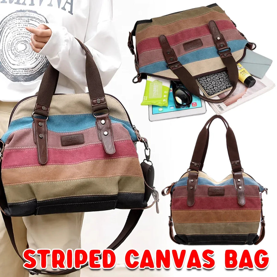 Rainbow Stripe Canvas Bag Patchwork Tote Bag Fashion Handbag Women Shoulder Bag