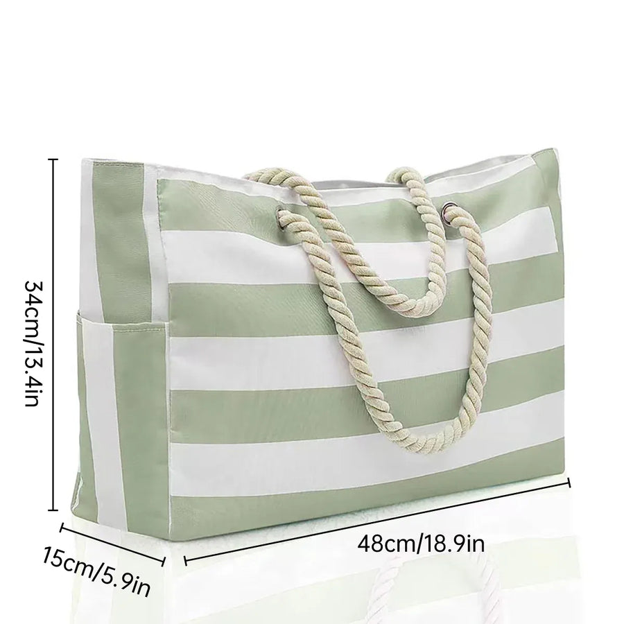 Large Bohemian Striped Canvas Beach Bag Zipper Tote for Travel Outdoor Vacation - Blue