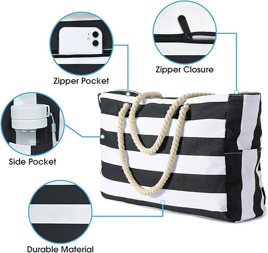 Large Bohemian Striped Canvas Beach Bag Zipper Tote for Travel Outdoor Vacation - Blue