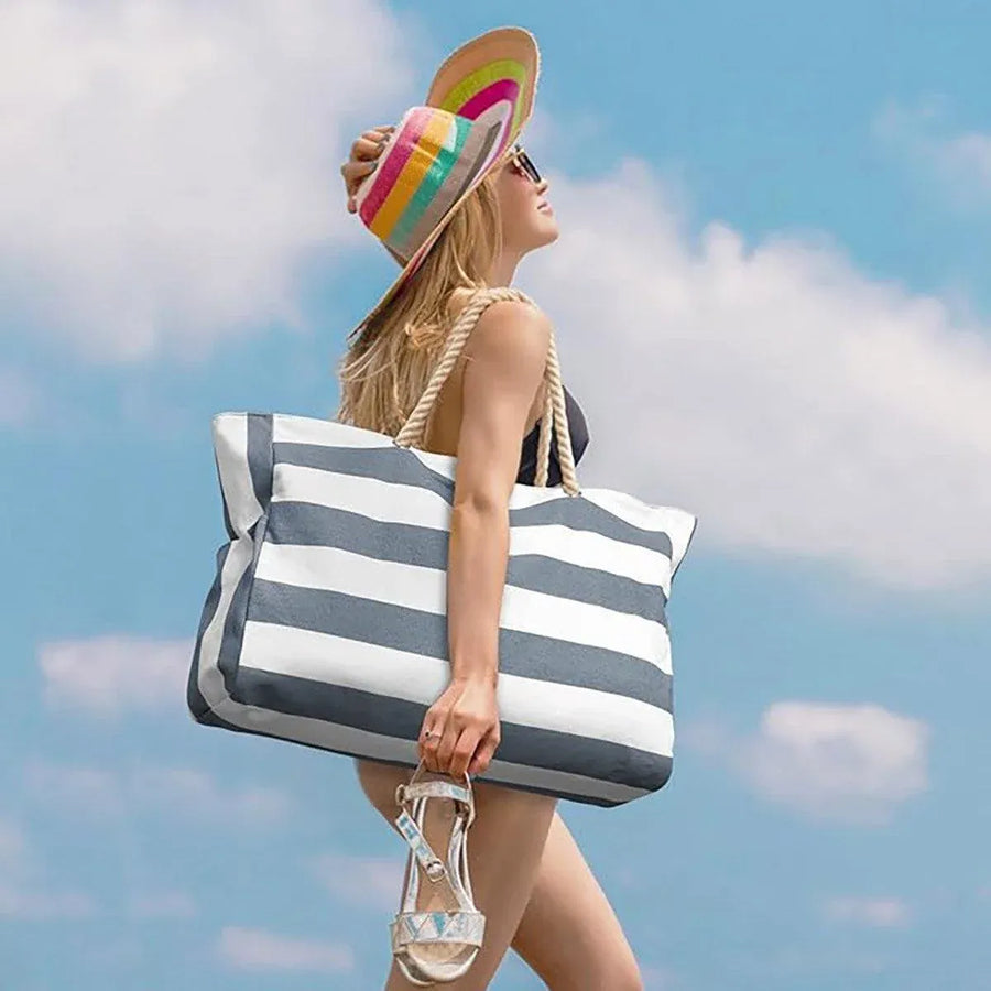 Large Bohemian Striped Canvas Beach Bag Zipper Tote for Travel Outdoor Vacation - Blue