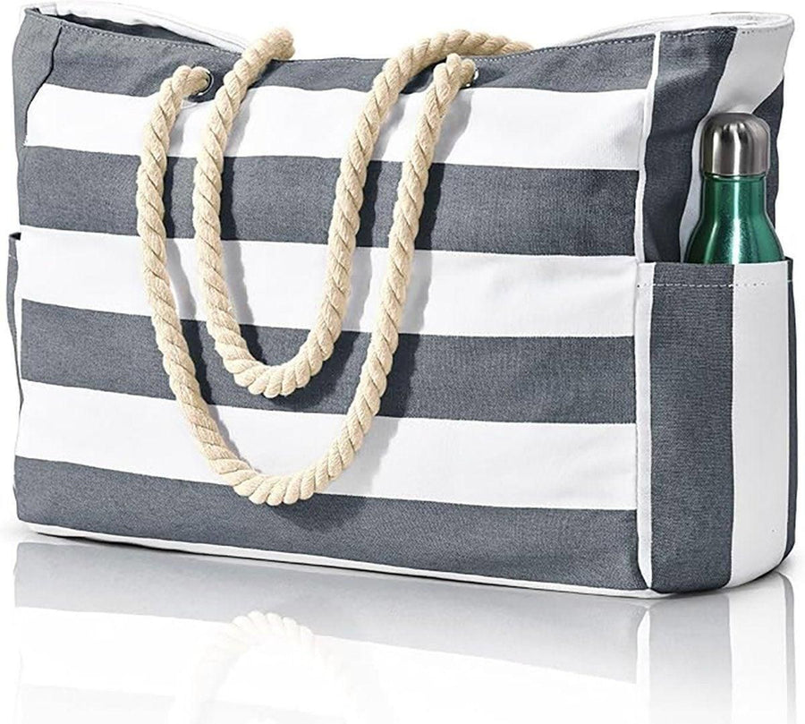 Large Bohemian Striped Canvas Beach Bag Zipper Tote for Travel Outdoor Vacation - Blue