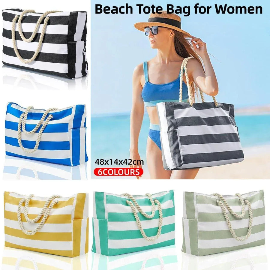 Large Bohemian Striped Canvas Beach Bag Zipper Tote for Travel Outdoor Vacation - Blue
