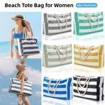 Large Bohemian Striped Canvas Beach Bag Zipper Tote for Travel Outdoor Vacation - Grey