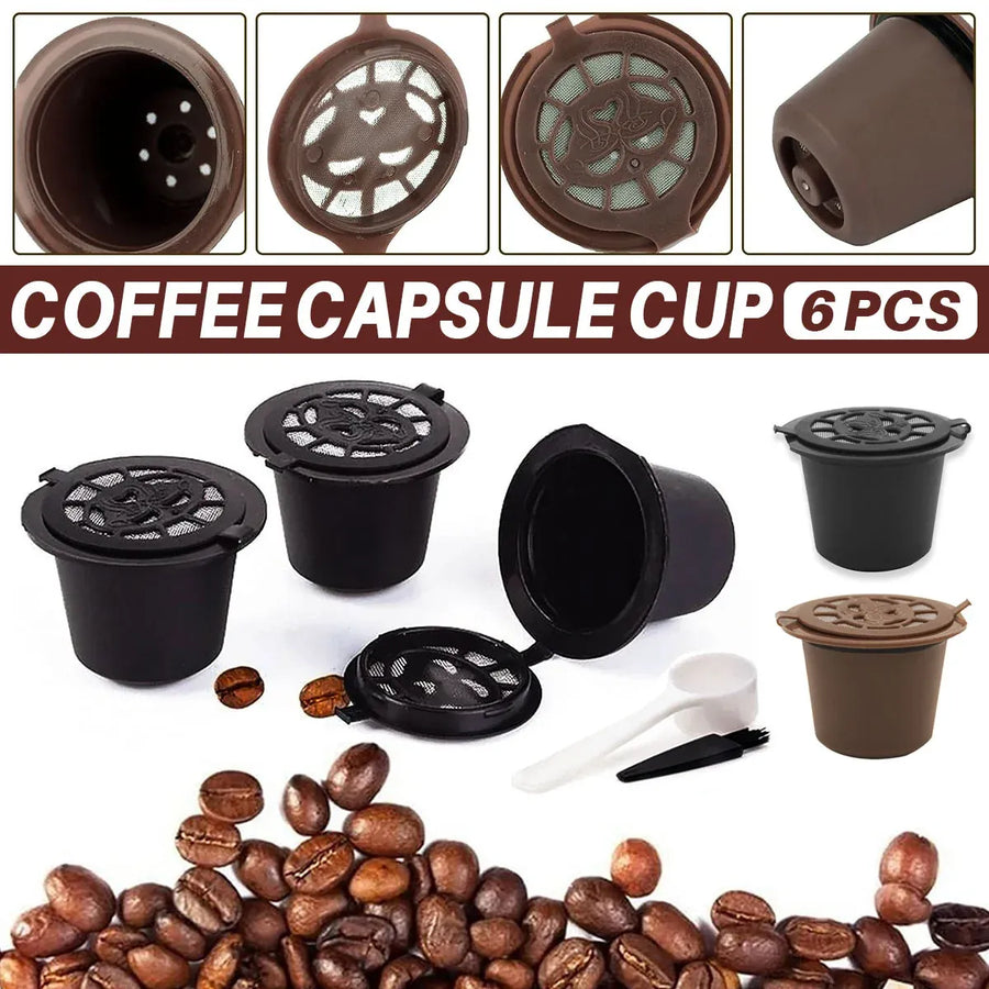 6PCS Reusable Coffee Capsule Coffee Filter Food Grade Fit Most Coffee Machines - Brown